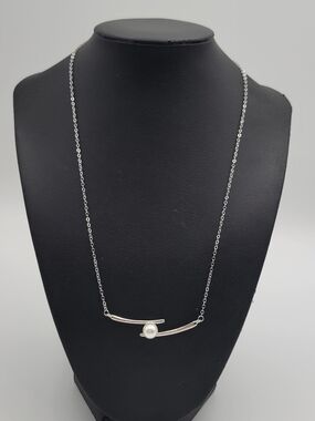 Sterling Silver Faux Pearl Bar Pendant Necklace S925